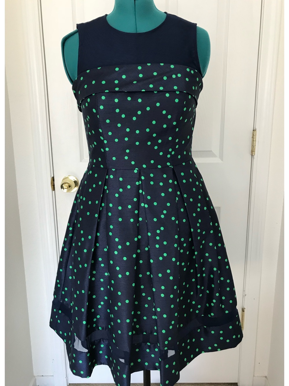 Just...Taylor Navy Sleeveless Midi Dress with Green Polka Dots